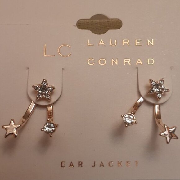 LC LAUREN CONRAD Mod/Contemporary Star Rose Gold Crystal Ear Jacket Earrings~NEW - Picture 2 of 3